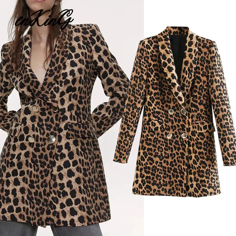 

2020 spring england vintage high street Leopard Print double breasted blazers notched jacket women blazers