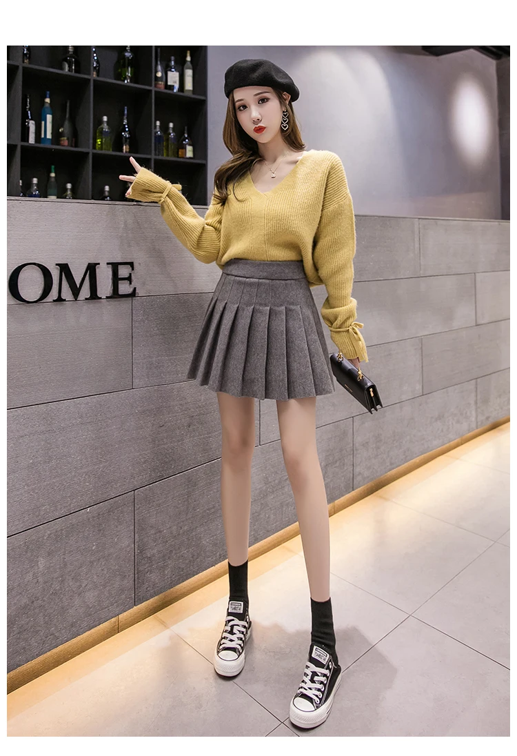 Autumn Winter Mini School Pleated Skirts Woolen High Waisted 2-Layer Warm Women Skirt Korean Chic Elastic Waist Gray Clothes