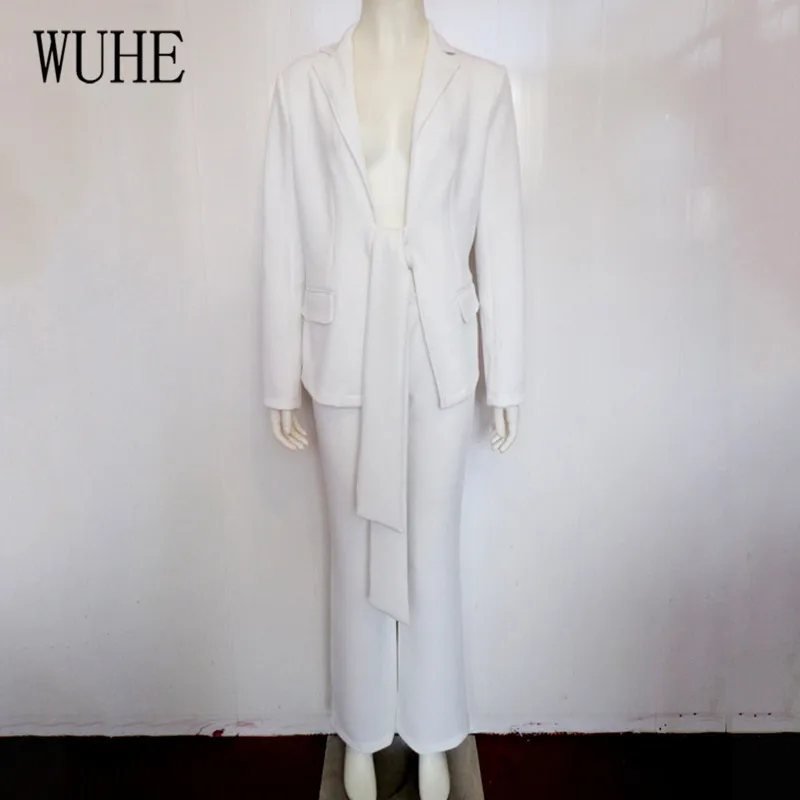 WUHE/женские деловые костюмы, элегантные комплекты из двух предметов на шнуровке, блейзеры, топ и широкие брюки, модные повседневные профессиональные комбинезоны