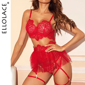 

Ellolace Lingerie Ruffled Underwear Set Embroidery Bra Set See Through Lingerie Set 3 piece Set Sexy Body Lenceria Underwear Set