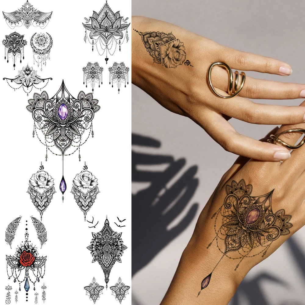 

Fake Jewelry Temporary Tattoos For Women Black Pendants Tattoo Paper Owl Moth Feather Jewel Waterproof Tatoo Gem Body Chest Back