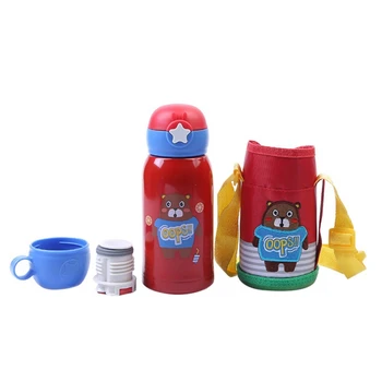 

Baby Children Cartoon School Drinking Water Bottle Stainless Steel Straw Sippy Cup With Shoulder Strap