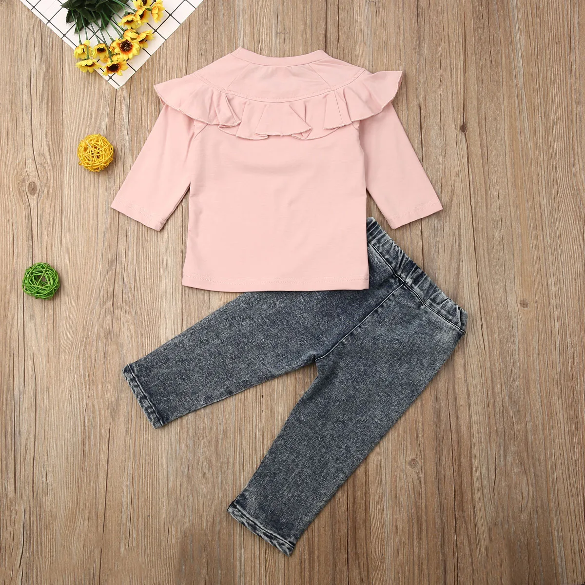 Коллекция года, весенне-осенняя одежда для малышей рубашки с длинными рукавами и воротником с рюшами для маленьких девочек джинсовые штаны Одежда из 2 предметов От 1 до 6 лет