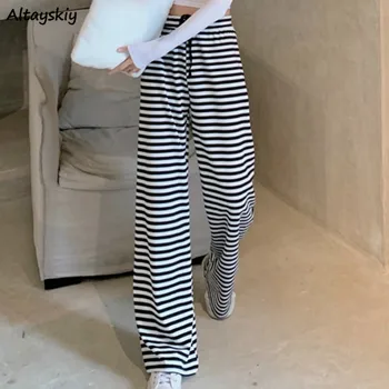 

Pants Women Striped Loose Wide Leg Elastic Waist Casual Long Korean Leisure Fashion Chic Trendy Students Daily Streetwear Womens