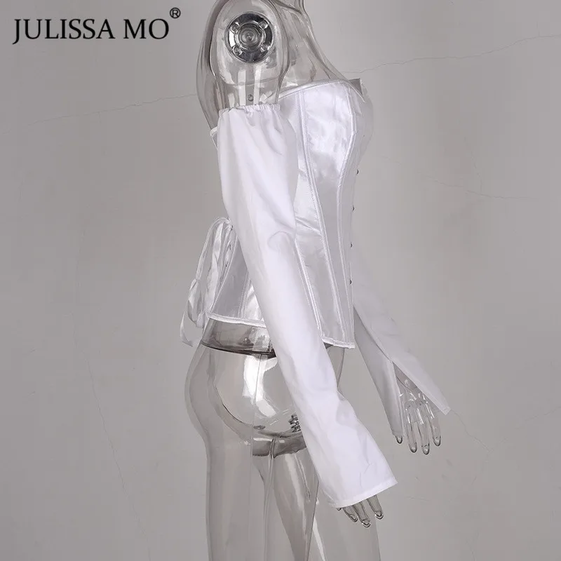 Julissa mo Французский Винтаж с открытыми плечами футболки для женщин сексуальная без бретелек бандажная футболка белый элегантный офис леди топы