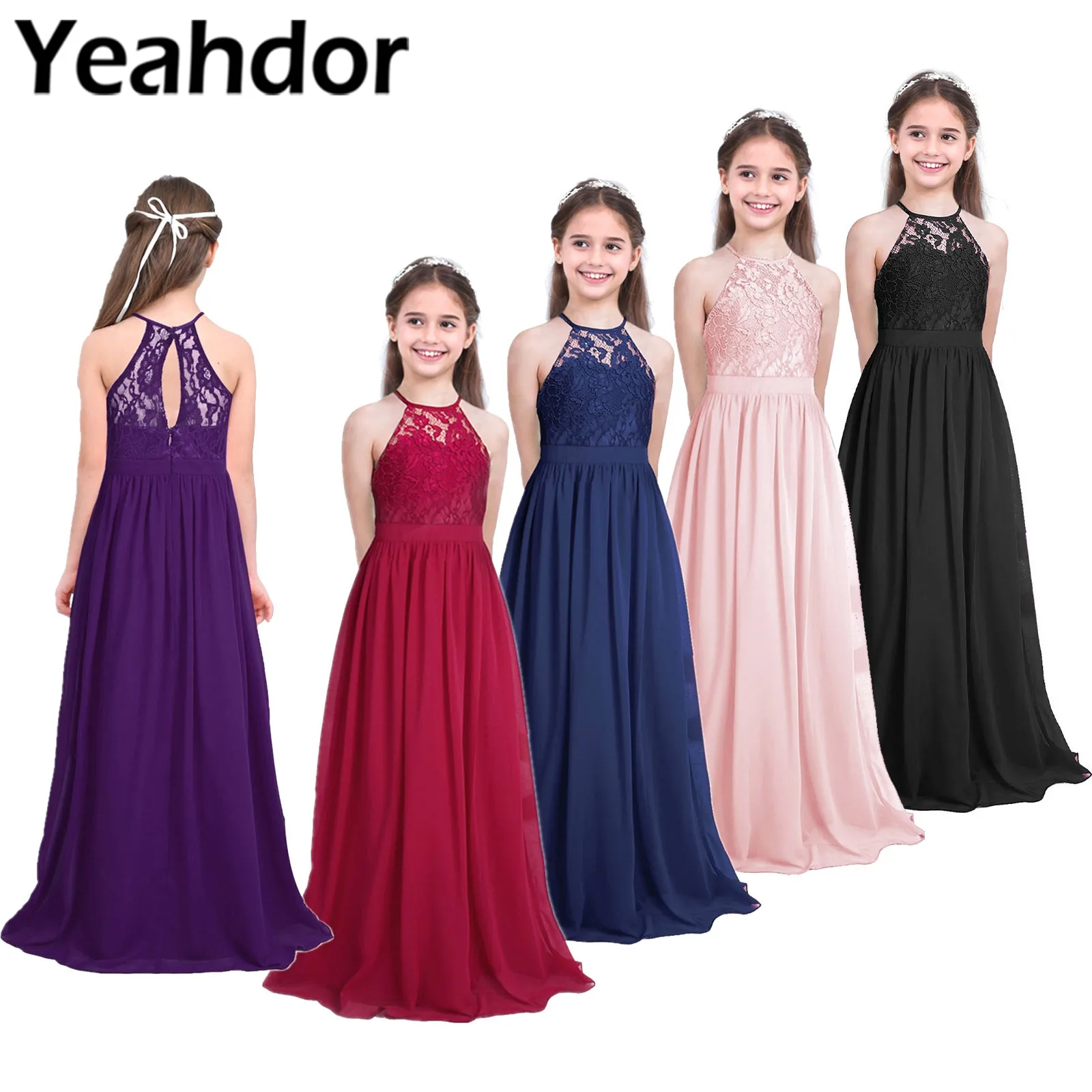 Little Bridesmaid Dress Kids Halter Maxi Long Dress Prom Ball Gown Lace Chiffon Flower Girls Dresses
