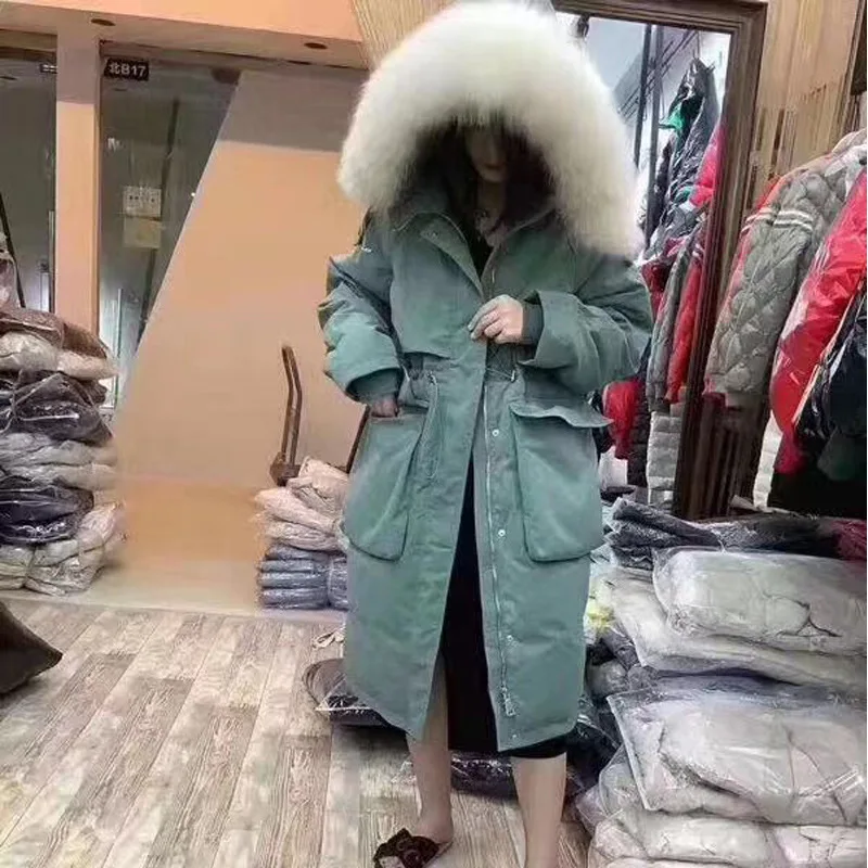 Стиль, корейский стиль, большой карман, женский пуховик, ветровка, зимнее женское пальто, длинное, толстое, енотовая собака, большой меховой воротник