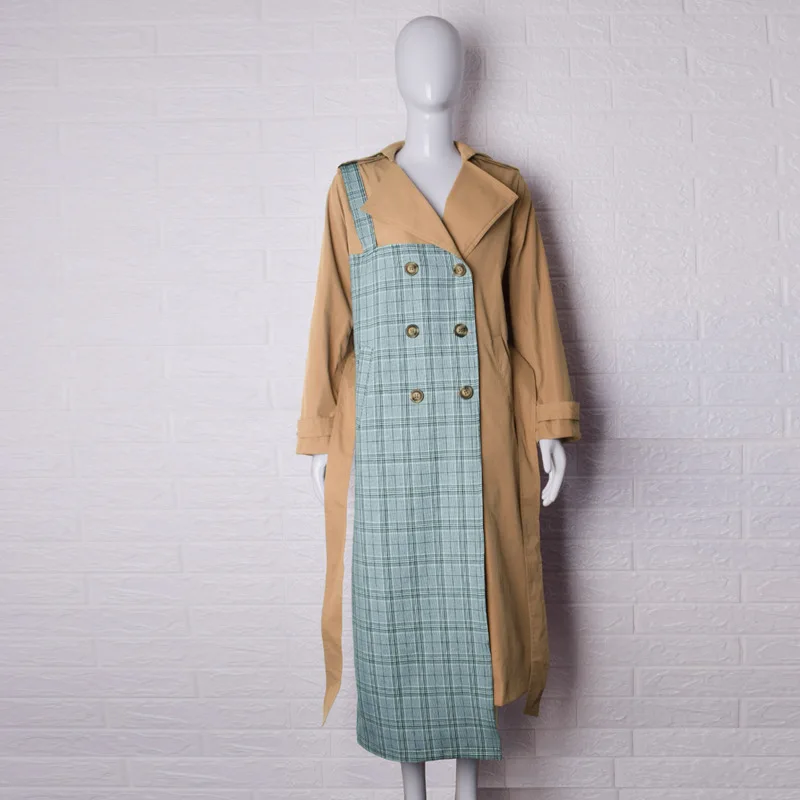 Z-ZOUX Women Trench Coat Grid Patchwork Color Matching Long Coats Khaki Irregular Turndown Collar 2019 Autumn | Женская одежда