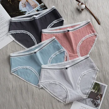 

4pcs/5pcs Cotton Briefs Womens Sexy Lace Lingerie Striped Underwear Breathable Panties Antibacterial Underpants Female Intimates