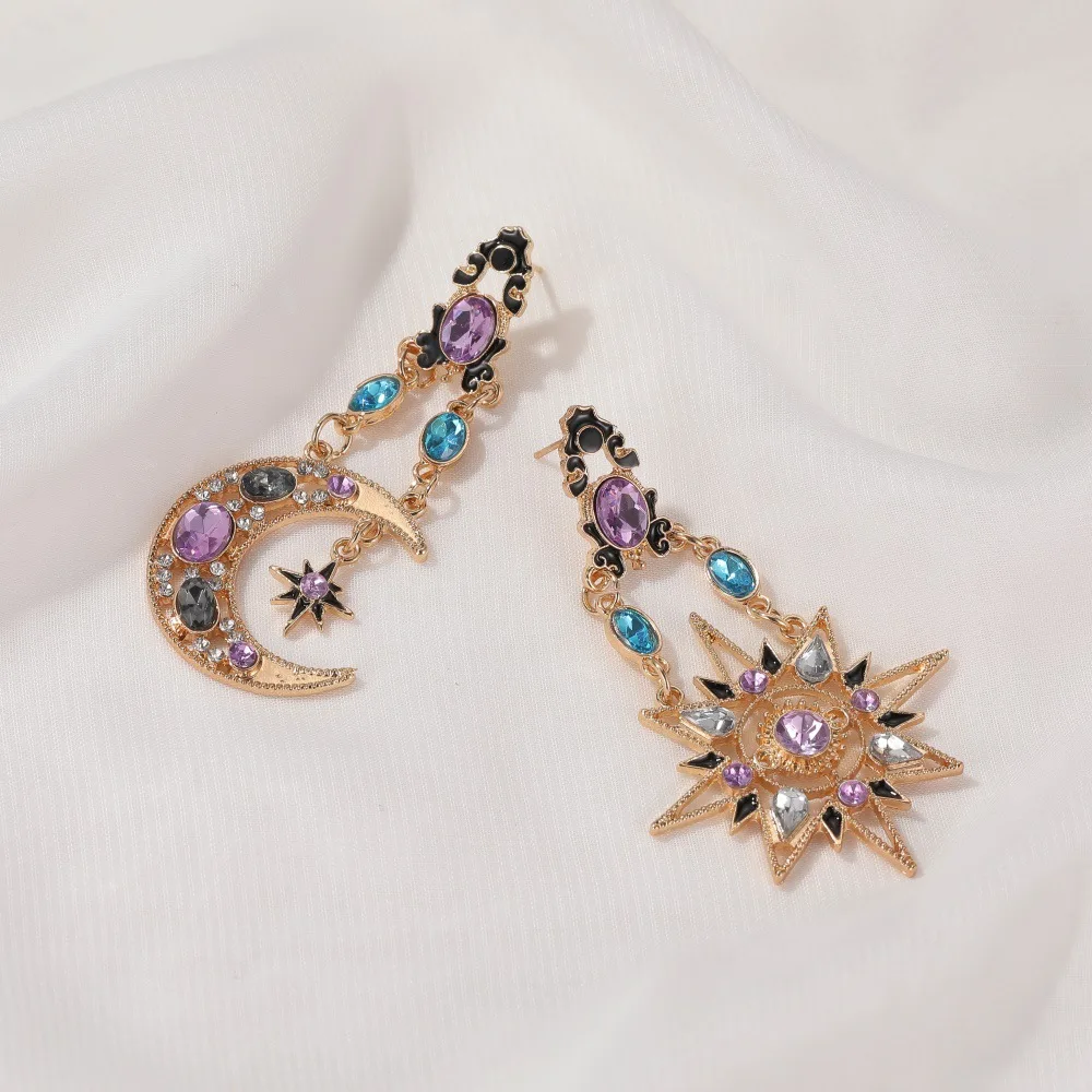 Vintage Star Moon Asymmetric Long Dangle Earrings For Women Exaggerate Colorful Crystal Sun Earring Trend Party Jewelry Gift
