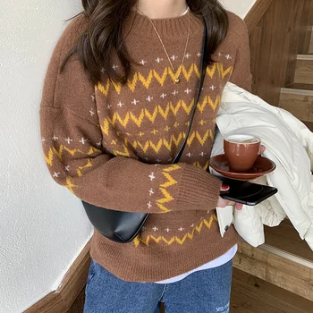 

Retro contrast jacquard round neck knitted sweater for women knit sweater women knit sweater women plus size