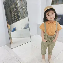 Детская одежда; Летний Стиль; комбинезоны для девочек; коллекция года; корейский стиль; Детские богемные хлопковые льняные брюки-Капри на подтяжках