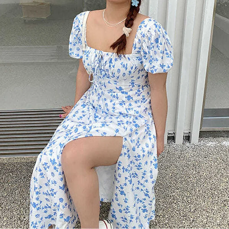 HOUZHOU Vintage Plus Size Floral Dress Women 4XL Elegant Square Collar Split A-line Midi Dress Summer Korean Fashion Streetwear