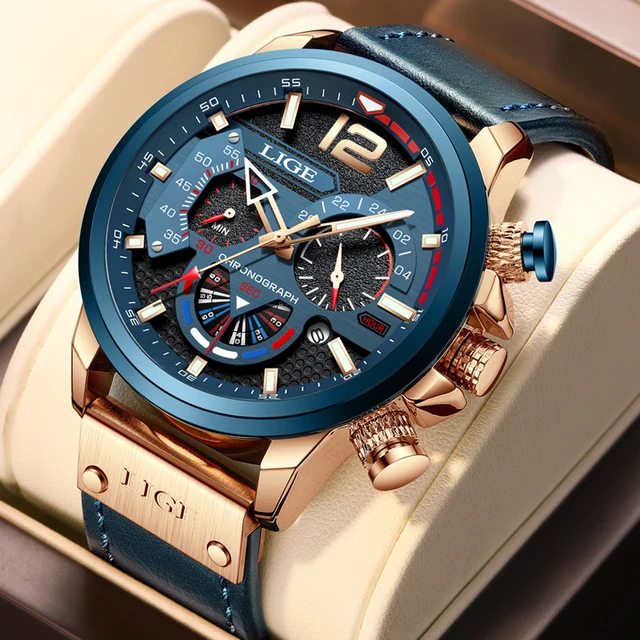Lige mens watches big dial quartz wristwatch business leather watch for men luminous waterproof watch man