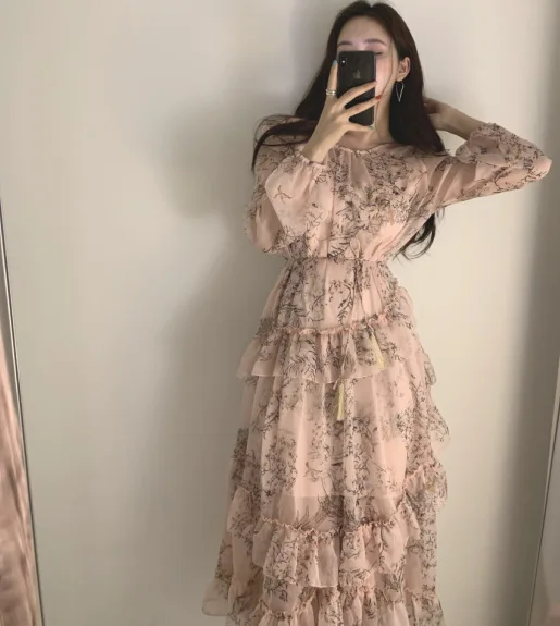 Bohemian Loose Floral Full-sleeve Sashes Midi Dress O-neck Korean Elegant Layer Lotus Edge Belt Two-piece Set Pink Dresses Boho | Женская