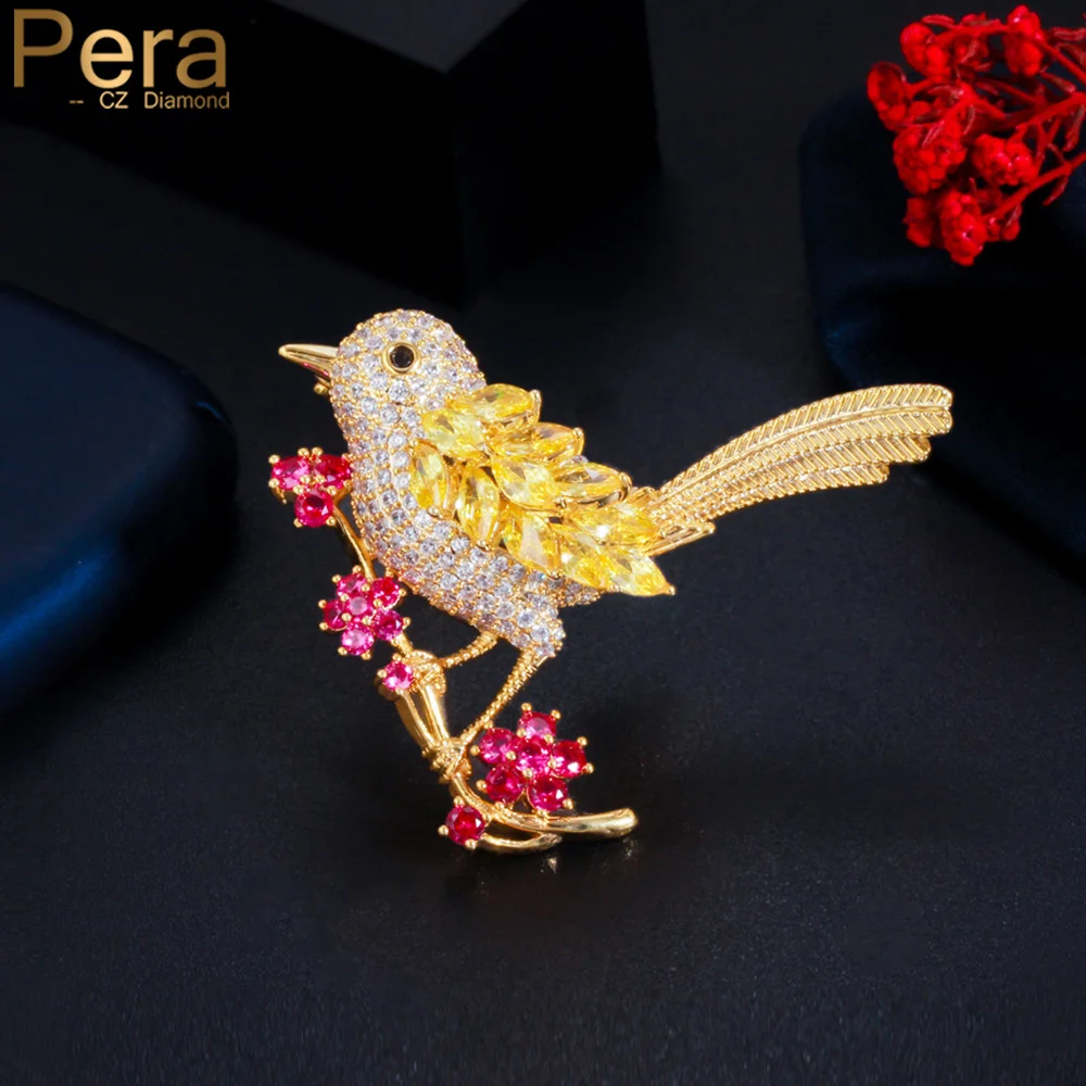 Pera Lovely Bird Shape Yellow Red Cz Stone Dubai Gold Color Animal Spille Pin Base Per Le Donne Luxury Banquet Party Jewelry C008