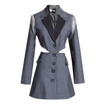 

Blazer Feminino Gray Split Hollow Out Blazer New Lapel Long Sleeve Loose Fit Jacket Fashion Tide Spring Autumn 2020 Office Lady