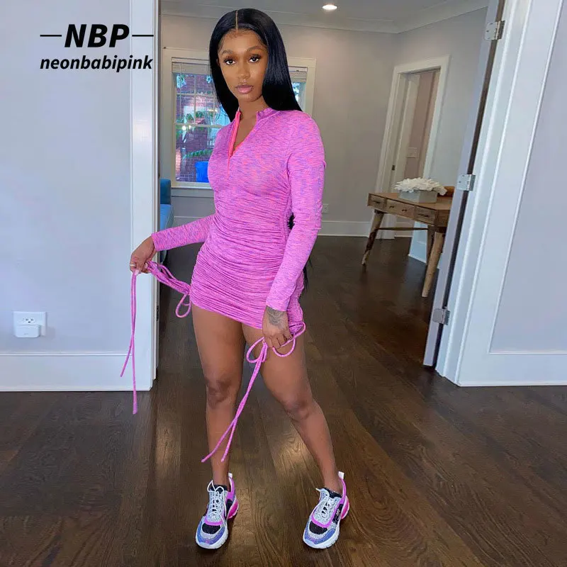 NEONBABIPINK передний карман на молнии с длинным рукавом платье для Для женщин осень 2020