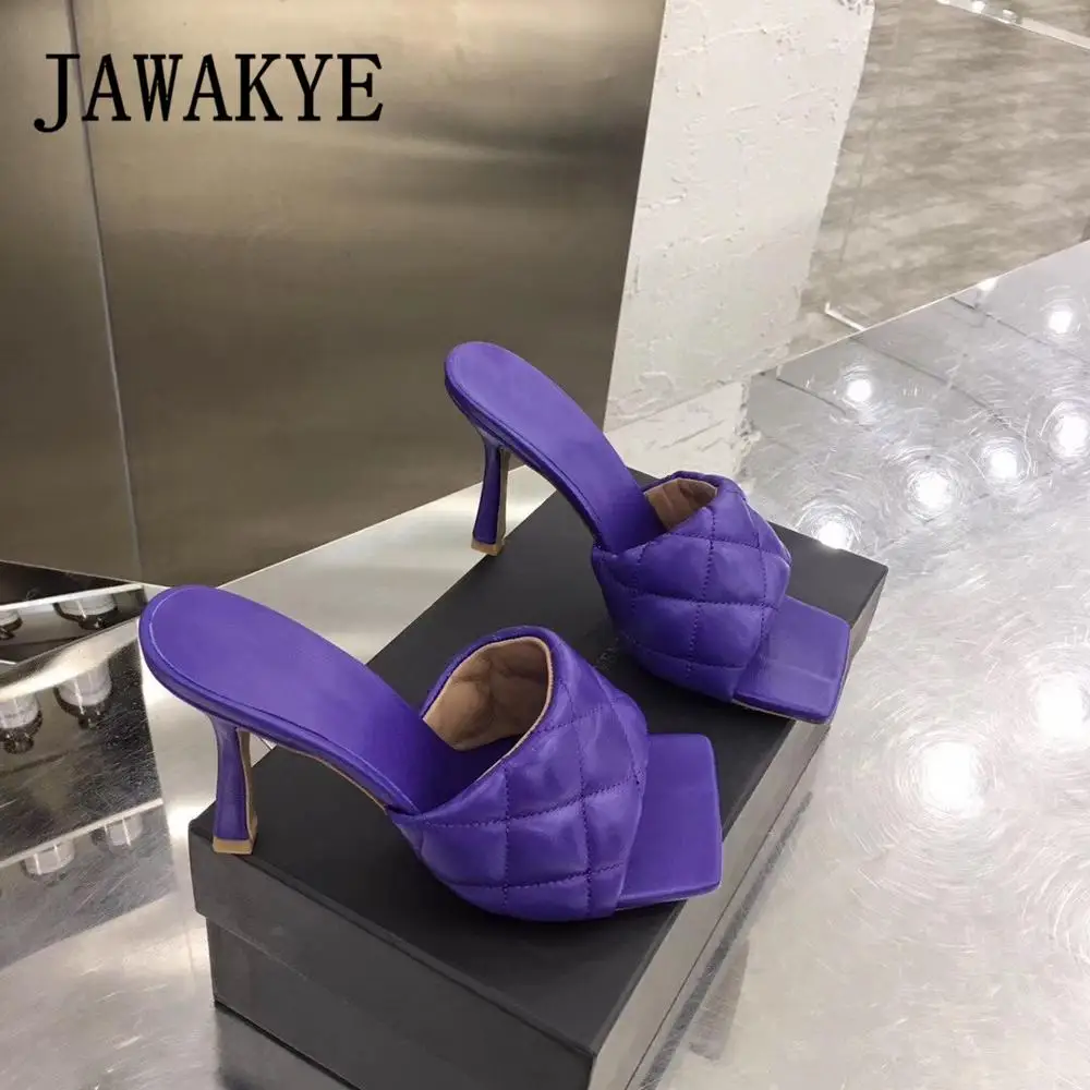 Лидер продаж; кожаные туфли без задника с подкладкой; дизайнерские шлепанцы; шлепанцы на высоком квадратном каблуке с открытым носком; летняя обувь для вечеринок; женская обувь; zapatos mujer - Цвет: Фиолетовый
