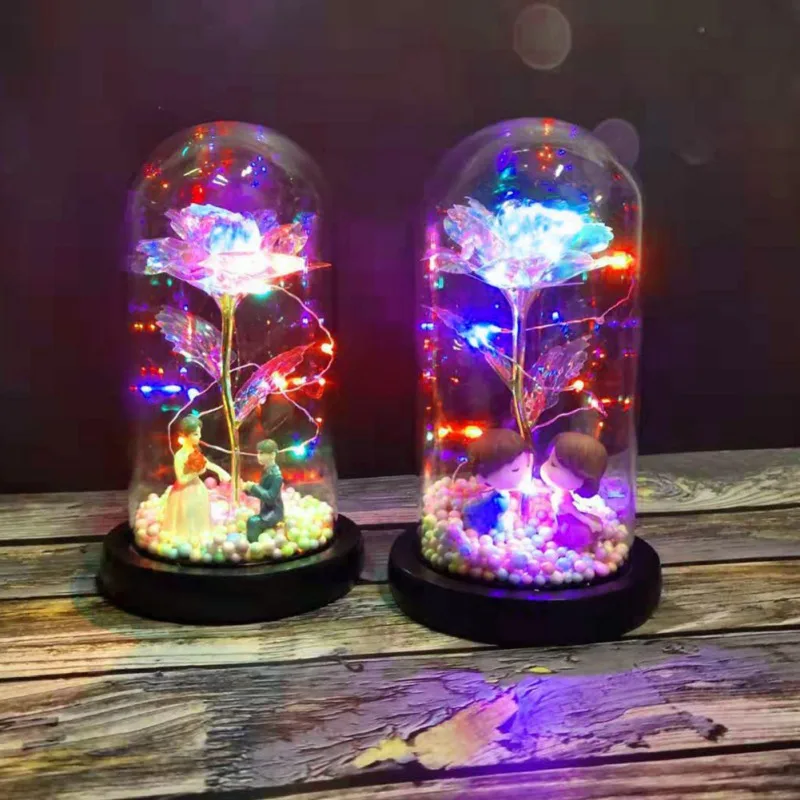 Artificial Plastic Galaxy Rose Flower With LED String Light In Glass Dome On Wooden Base Valentine's Day gift For Wedding Party