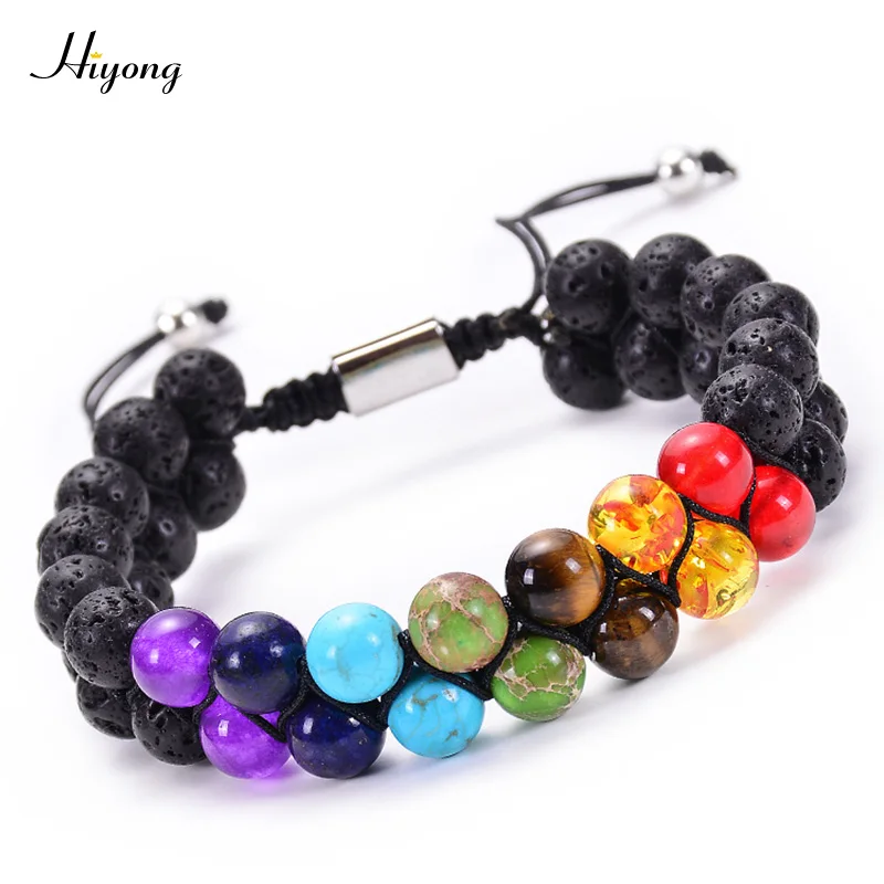 

HIYONG 7 Chakra Bracelet Lava Rock Stone Bracelet for Men Women Adjustable Double Braided Rope Natural Stone Yoga Beads Bracelet