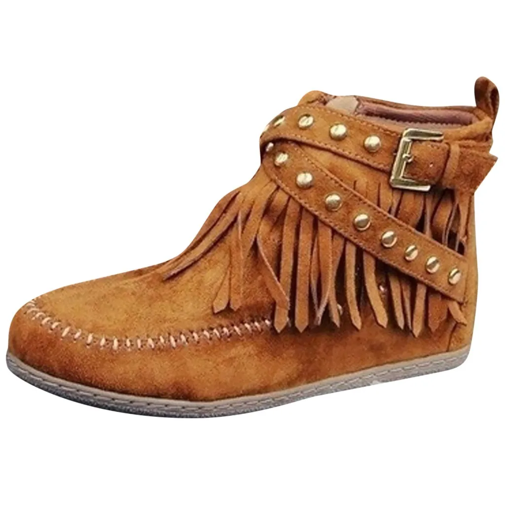 boots Women Ankle Short Boots Tassels Big Size Boots Side Zipper Rivets Bare Boots winter boots women #40