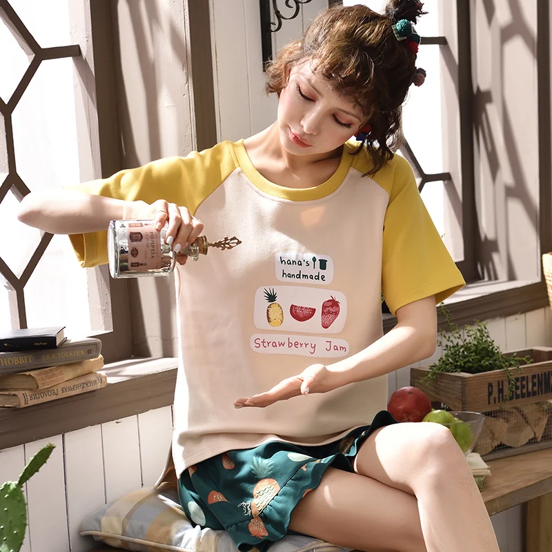 Короткие пижамы с рукавами; летняя хлопковая Свободная Домашняя одежда для девочек в Корейском стиле с героями мультфильмов; можно носить на улице - Цвет: see chart