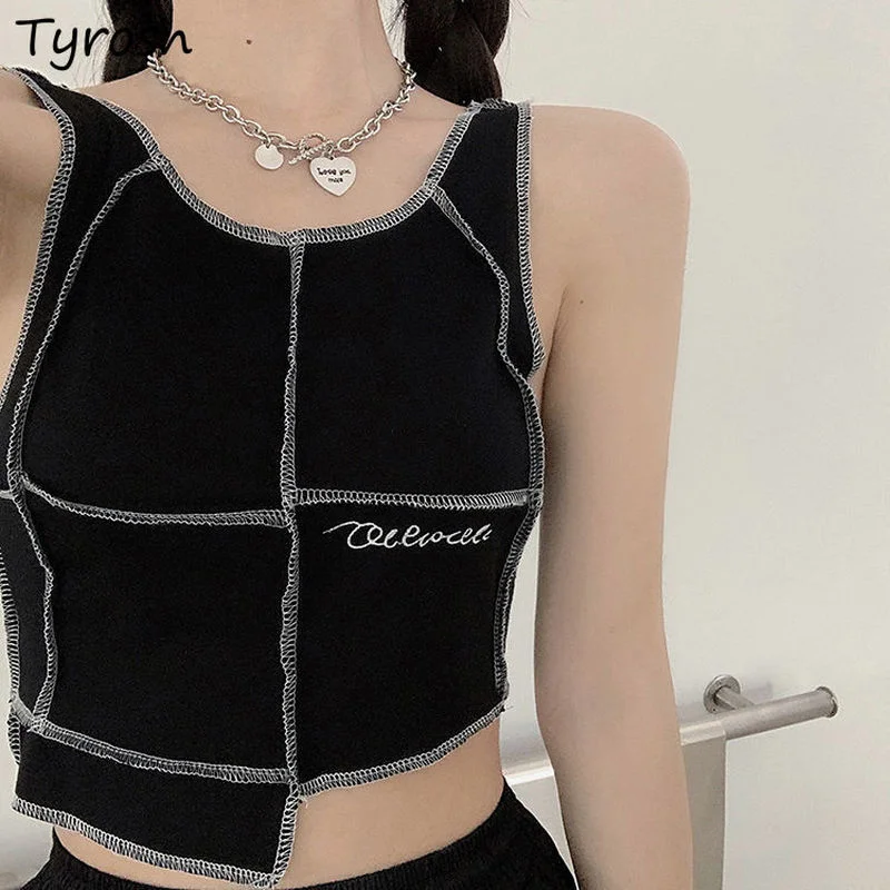 

Tanks Women Patchwork Design Asymmetrical Fashion Sleeveless Cropped Tops Summer All-match Hip Hop Streetwear Chic Korean Style