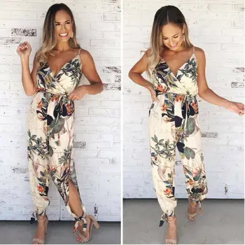 

Women Floral Baggy Trousers Overalls Pants Solid Romper Jumpsuit Off Shoulder V Neck Bodycon Skinny Jumpsuit Romper Clubwear