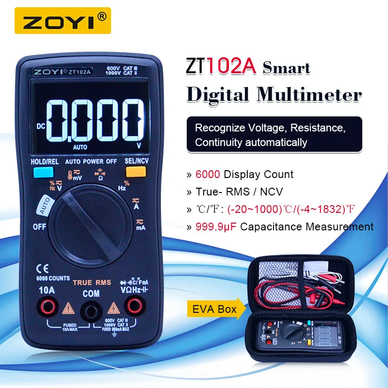 ZT-102A с коробкой EVA 6000 True RMS отсчетов Цифровой мультиметр Ручной Автоматический