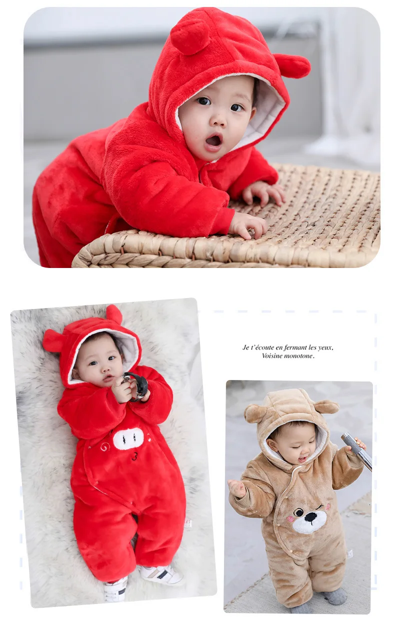 Новая зимняя одежда для маленьких девочек; плотный теплый комбинезон с капюшоном для новорожденных; милый детский комбинезон с рисунком; ветрозащитная верхняя одежда для малышей