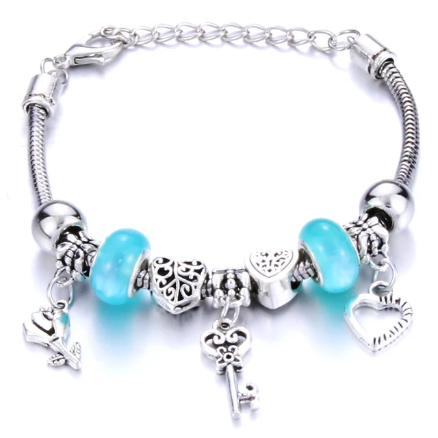 Antique Original Crown key lock Shape 6 colors Charm Bracelets For Women Glass Beads Brand Bracelet & Bangle DIY Jewelry Gifts 0005BE