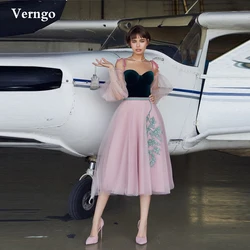 Verngo Retro A Line Short Evening Party Dresses Puff Sleeves Velour Top Pink Tulle Applique Knee Length Prom Homecoming Dress