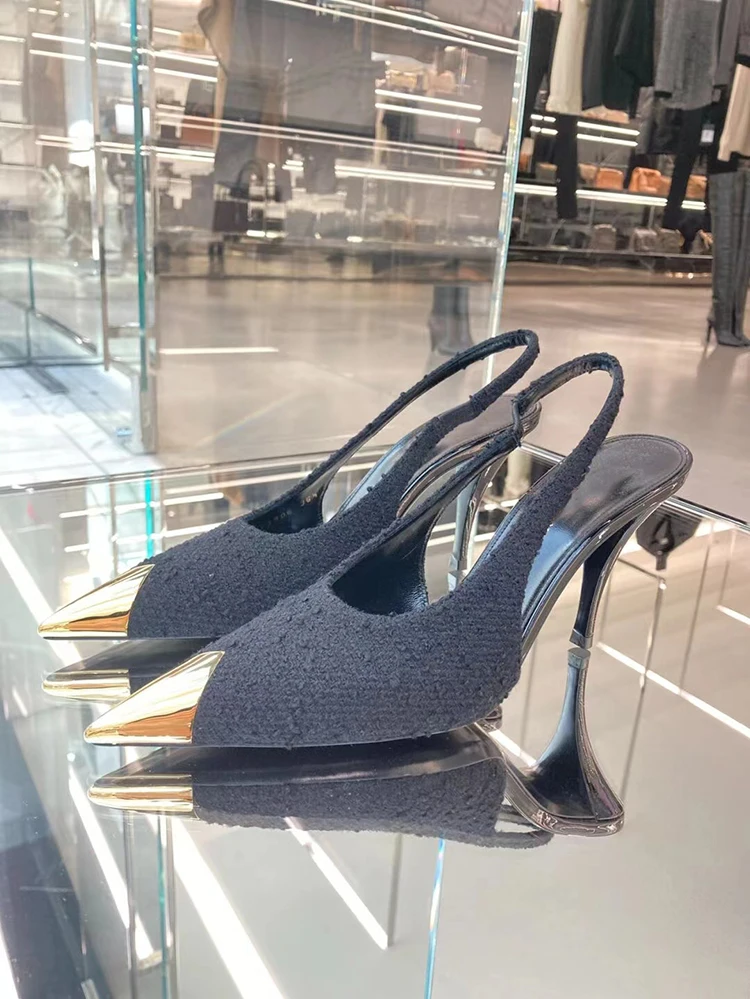 

Summer Women Black Shallow Pumps Design Metal Pointed Closed Toe Buckle Strap Stylish Sandals Thin High Heels Catwalk Shoe