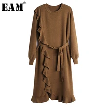 [EAM] женское трикотажное платье с оборками и разрезом большого размера, новинка, круглый вырез, длинный рукав, свободный крой, мода, весна-осень