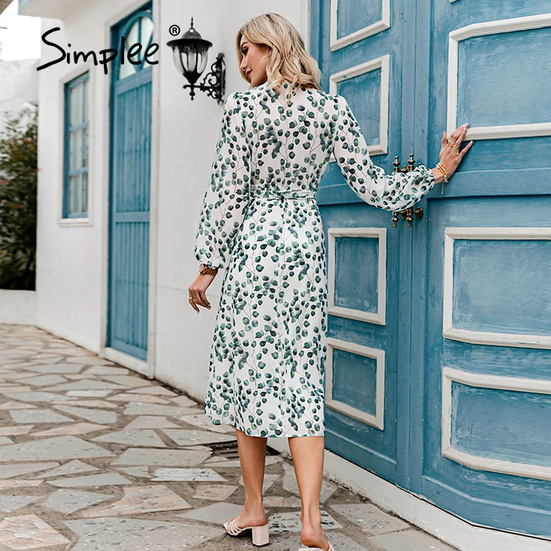 Simplee Elegant Green Leaf Print Dress Sexy Spring Long sleeved V neck Women Dresses 2021 Office Wrap Lace up A line Vestidos