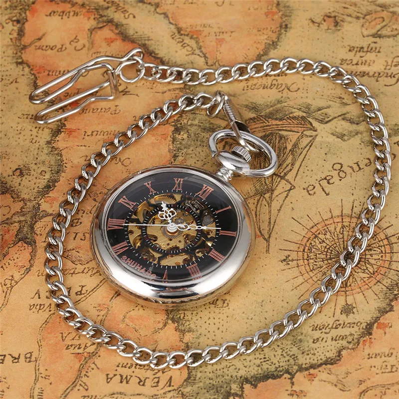 Silver Unisex Hand-winding Mechanical Pocket Watch Skeleton Smooth Case Roman Numbers Display for Men Women Pendant Chain Gift