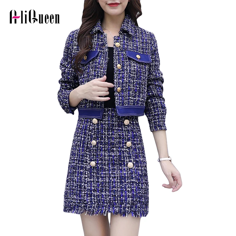 Твидовый комплект из двух предметов зима 2019 Золотая пуговица джинсовая короткая