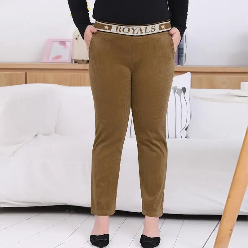 

2019 Autumn Women Trousers High Waist Female Casual Elastic waist Corduroy Pants Large Size 6XL 7XL Women Fit Straight Pant