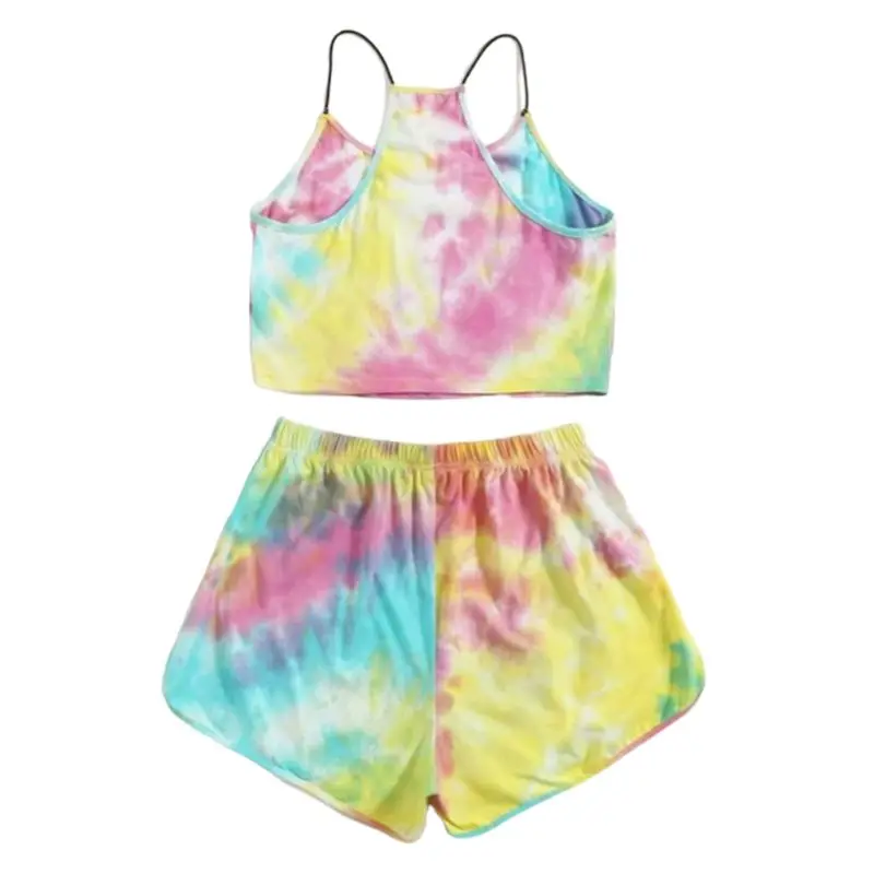 Women Tie-Dye Letter 2 Piece Set Gradient Rainbow Cami Crop Top Shorts Tracksuit