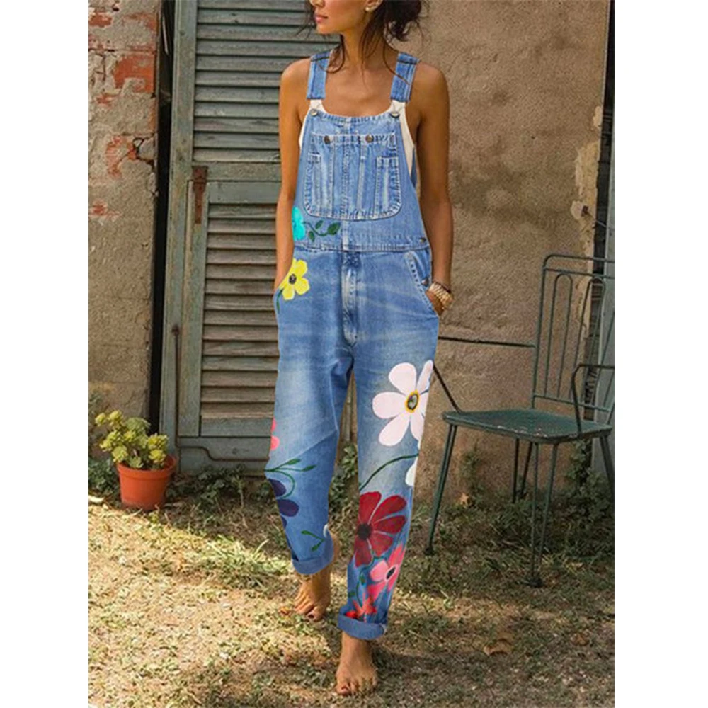 

STYLISH LADY Floral Printed Denim Rompers and Jumpsuits 2020 Summer Women Pocket Plus Size Club Party Streetwear Jeans Overalls