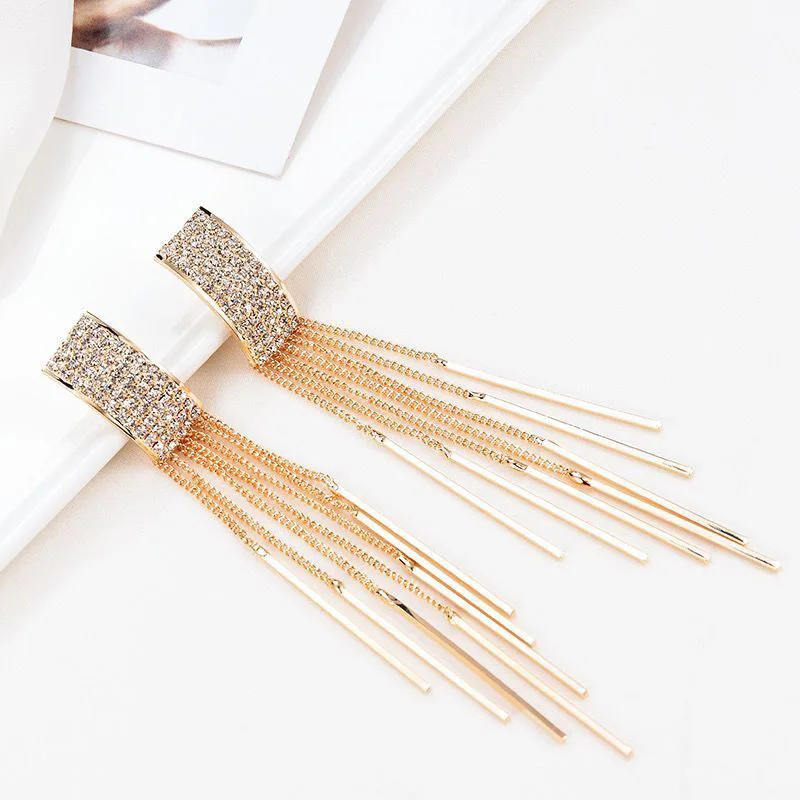 Gold Color Long Crystal Tassel clip on Earrings Without Piercing for Women Wedding Fashion Jewelry Gifts ear clip earrings,clip earrings,ear clip,ear accessories