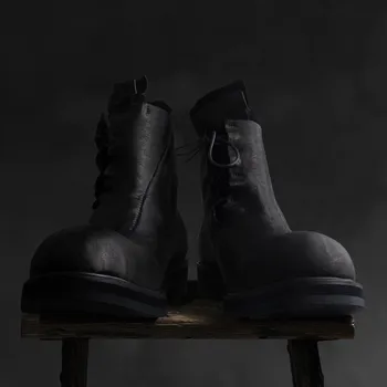 

Brand Luxuy Horse Top Skin Real Leather Irregular Spliced Mens Short Huarajuku Retro Lace Up Round Toe Thick Bottom Boots
