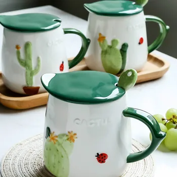 

Creative cartoon coffee cup super cute household large capacity ceramic mug with lid spoon YHJ032210