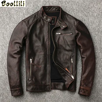 

Boollili Genuine Leather Jacket Men Vintage Cow Leather Coat Fashion Spring Autumn Cowhide men's Leather Jackets 2020
