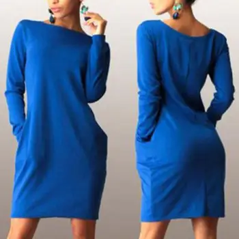 

Women Casual Solid Color O Neck Pockets Long Sleeve Loose Plus Size Mini Dress