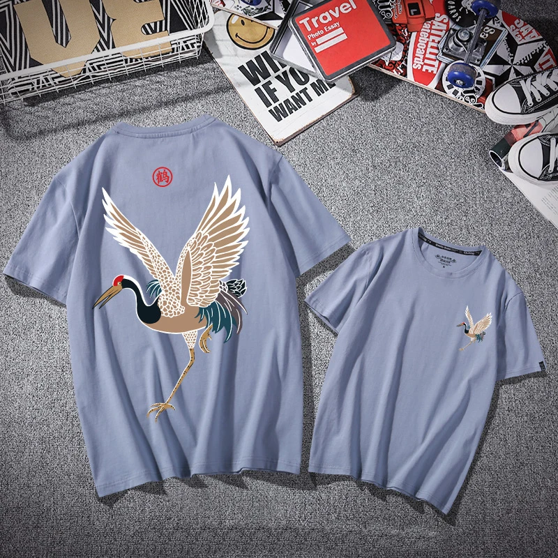 

Harajuku Summer Crane Print Brief Man Tee Shirt Chinese Style Casual 2021 Hot Sale Hip Hop Clothes All-Match Black Streetwear