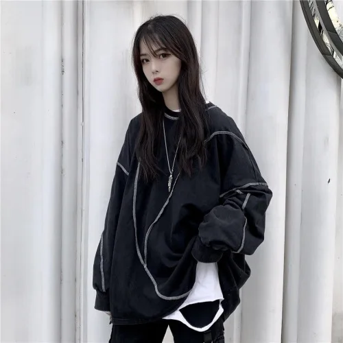 Korobov Ulzzang, свободные повседневные женские футболки, уличная одежда с длинным рукавом и круглым вырезом, Винтажная футболка, большие размеры, полосатая Лоскутная футболка 79532 - Цвет: black