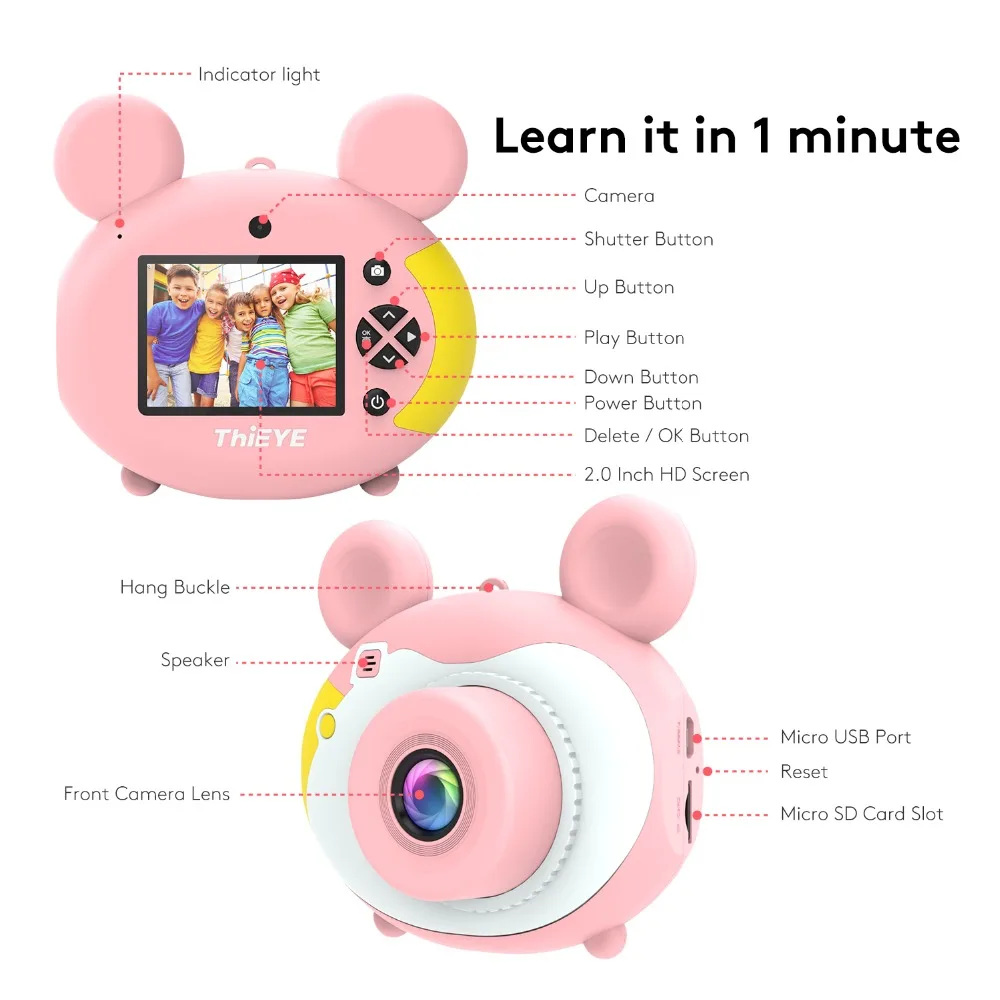 ThiEYE Kiddy 2 детская игрушечная мини-камера Милая перезаряжаемая цифровая камера с 2-дюймовым экраном дисплея детская развивающая игрушка