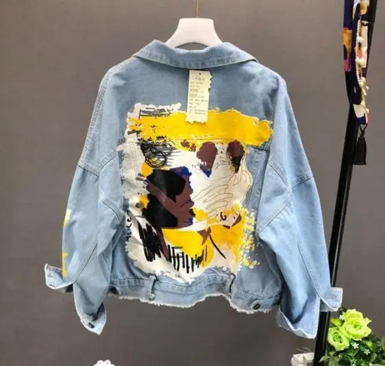 Hand-painted Pattern Chic Coat Letters Print Cool Girl Denim Jacket Spring Autumn Fashion Pockets BF Outwear 69604